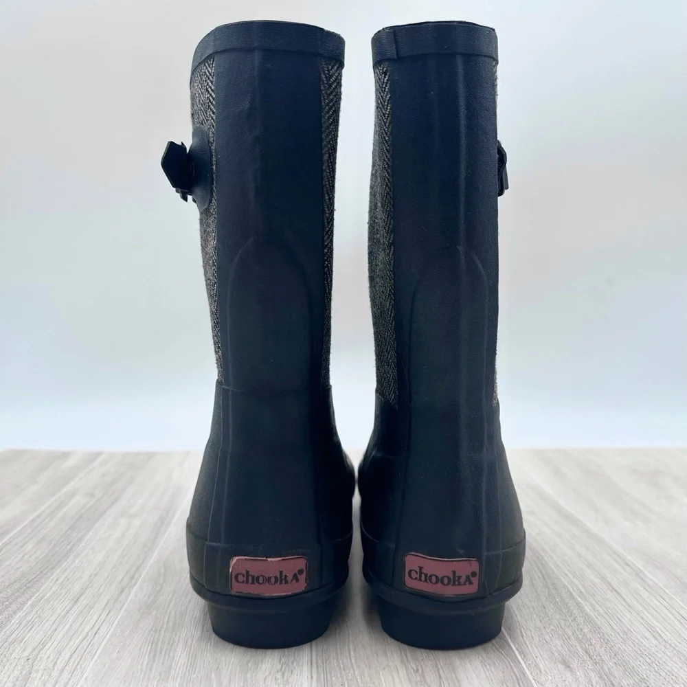 Chooka Classic Mid Calf Racer Herringbone Black Rain Boots | Size US 9 / EU 39.5